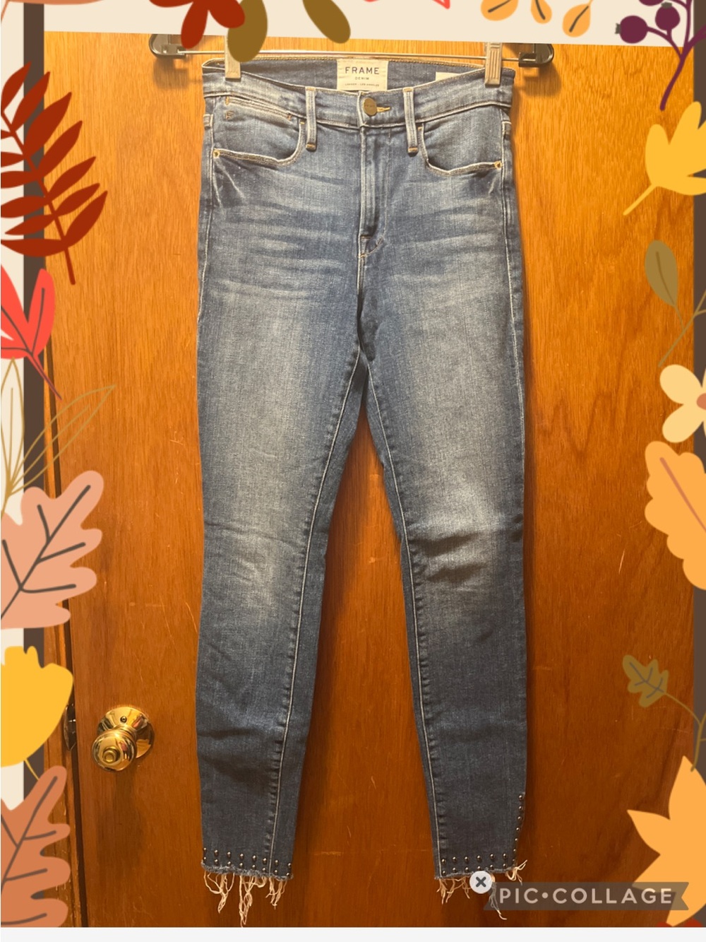 Frame Studded Frayed Hem Skinny Jeans in Medium Blue Wash with Studded Frayed He